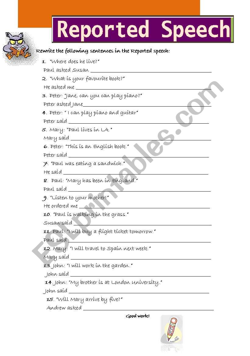 reported speech worksheets esl printables