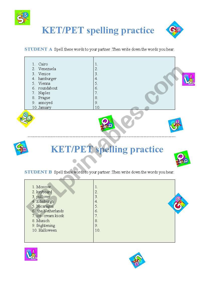 KET/PET spelling practice worksheet