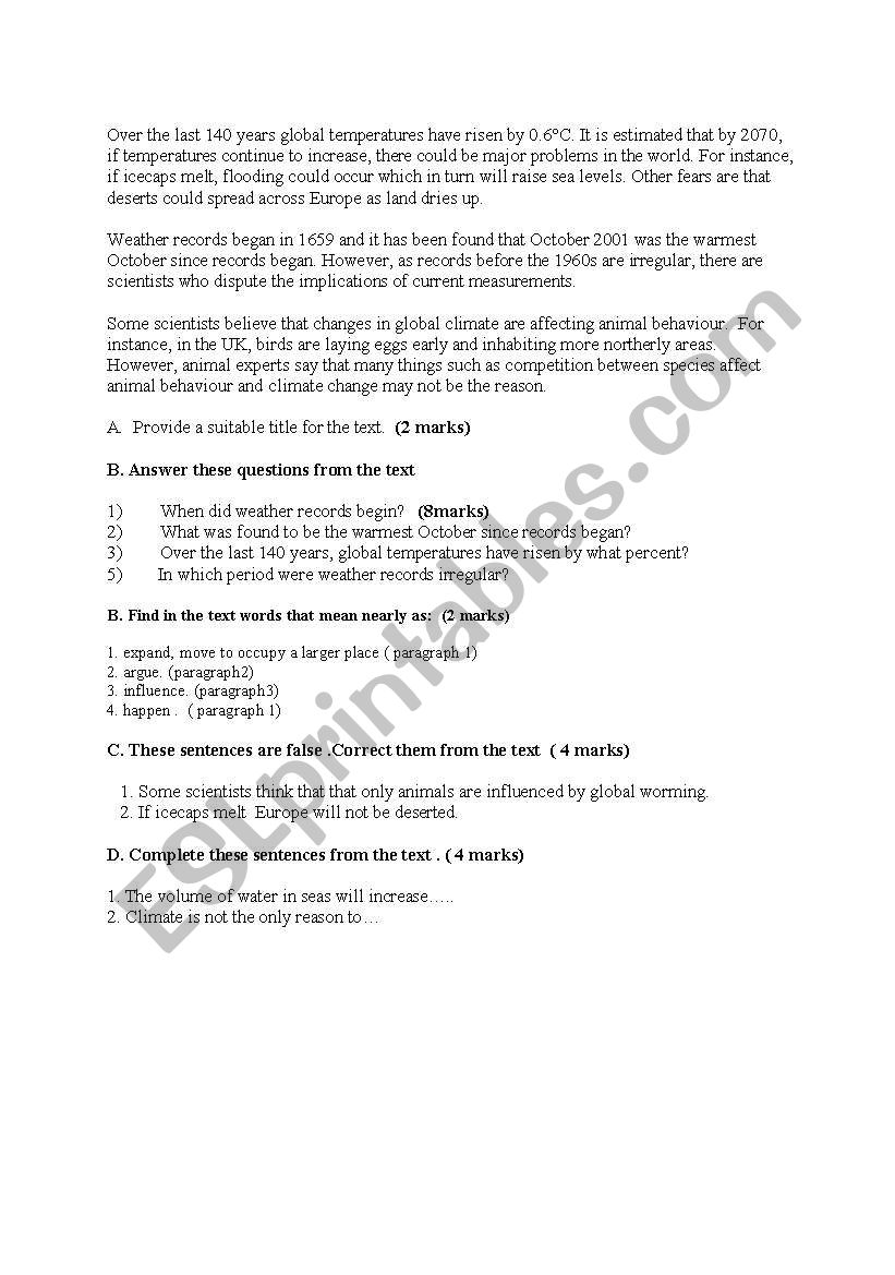 Global warming worksheet