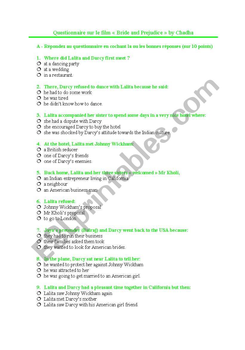 Bride and prejudice film worksheet