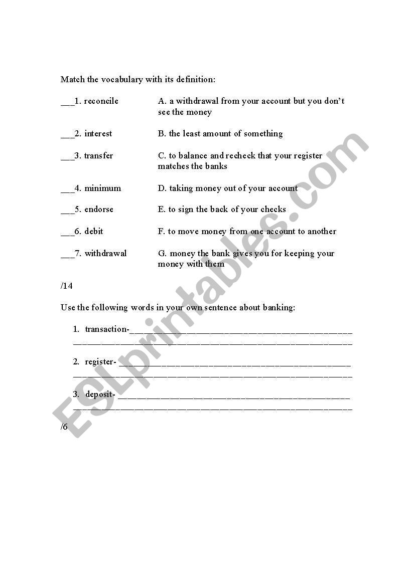 Banking Terms worksheet