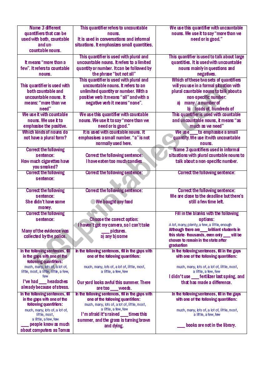 Quantifiers Trivia worksheet