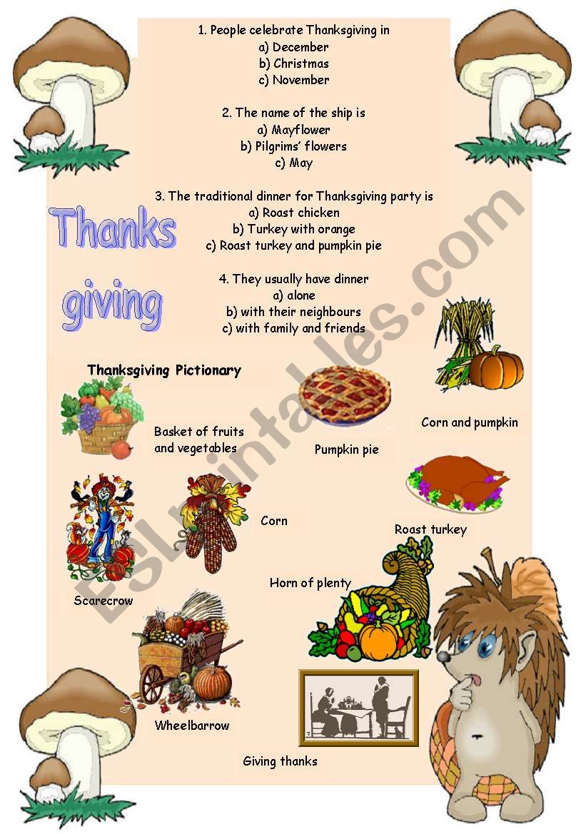 Thanksgiving pictionary worksheet