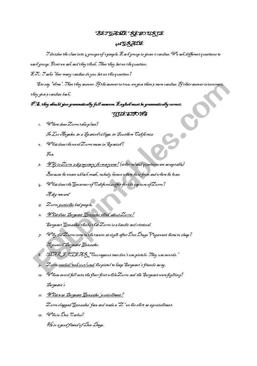 zorro bet game worksheet