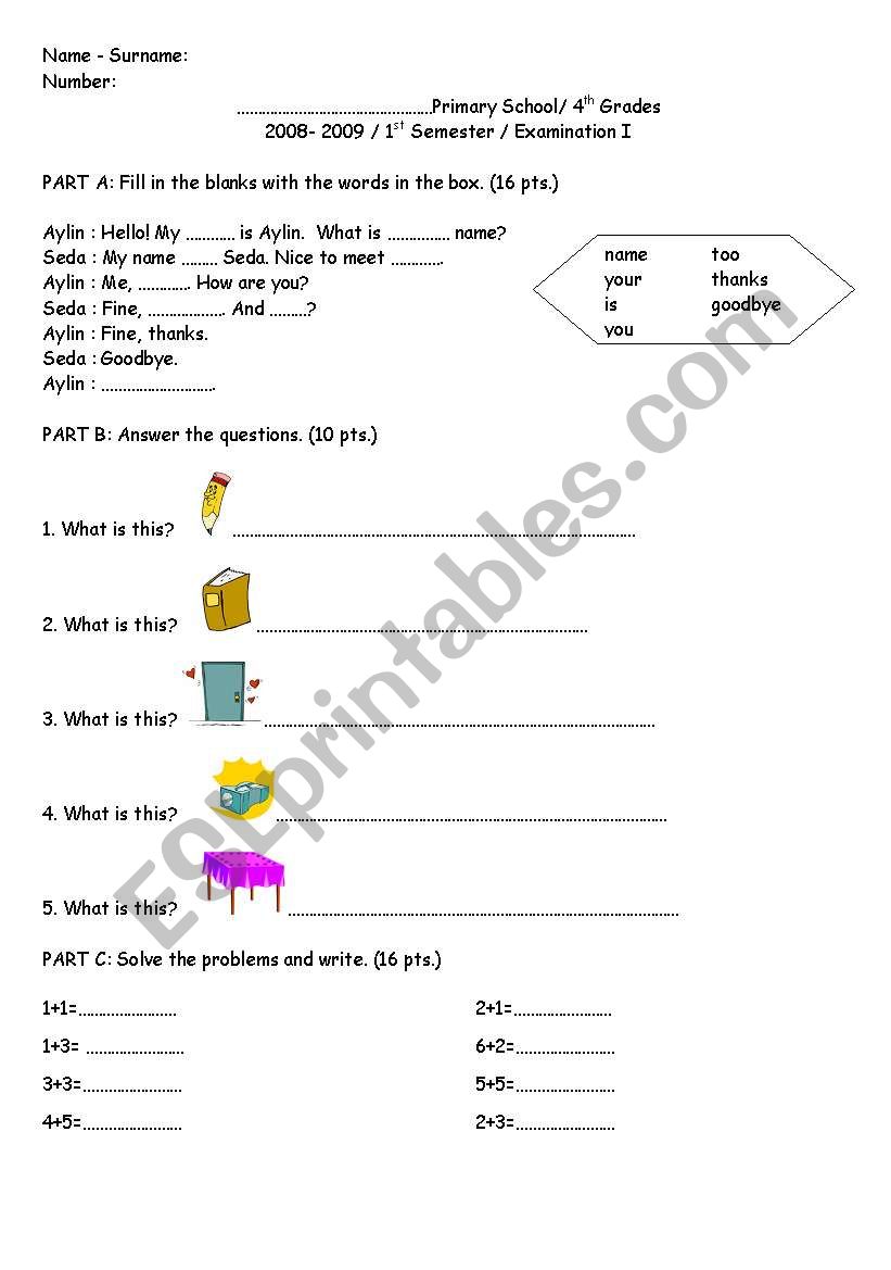 exam for 4th grades  worksheet