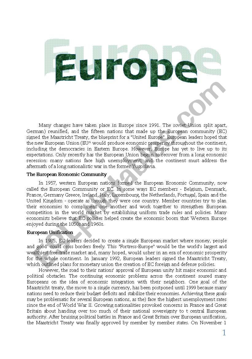 Europe  worksheet