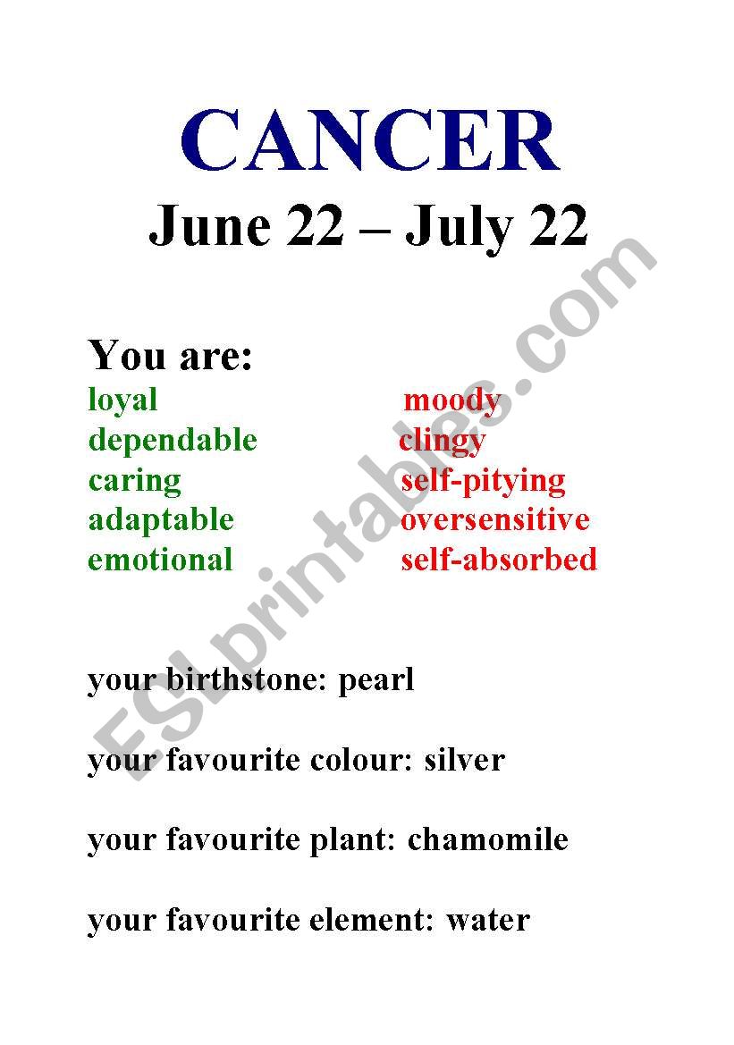 Zodiac Signs Esl Worksheet By Annaturlakiewicz