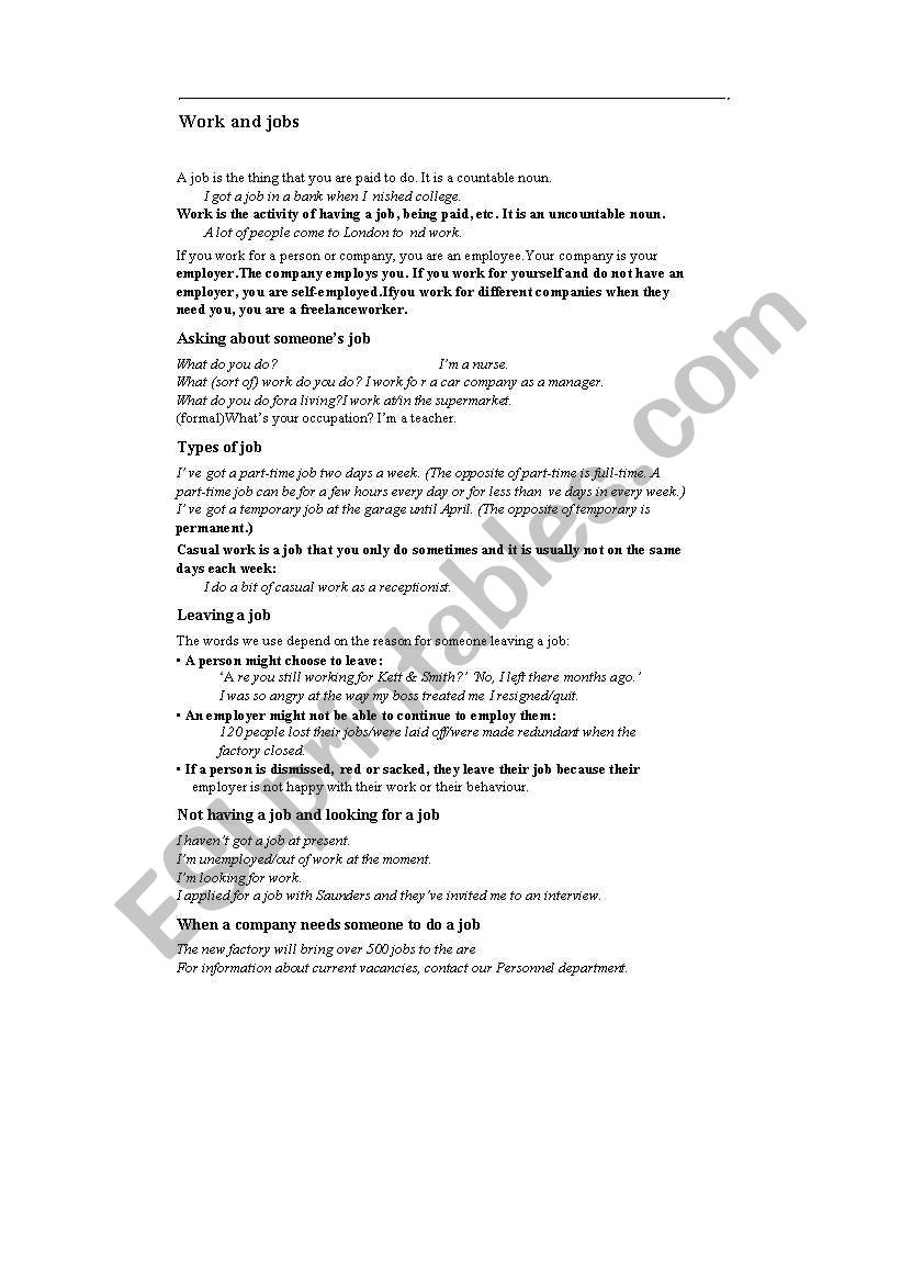 work and jobs worksheet