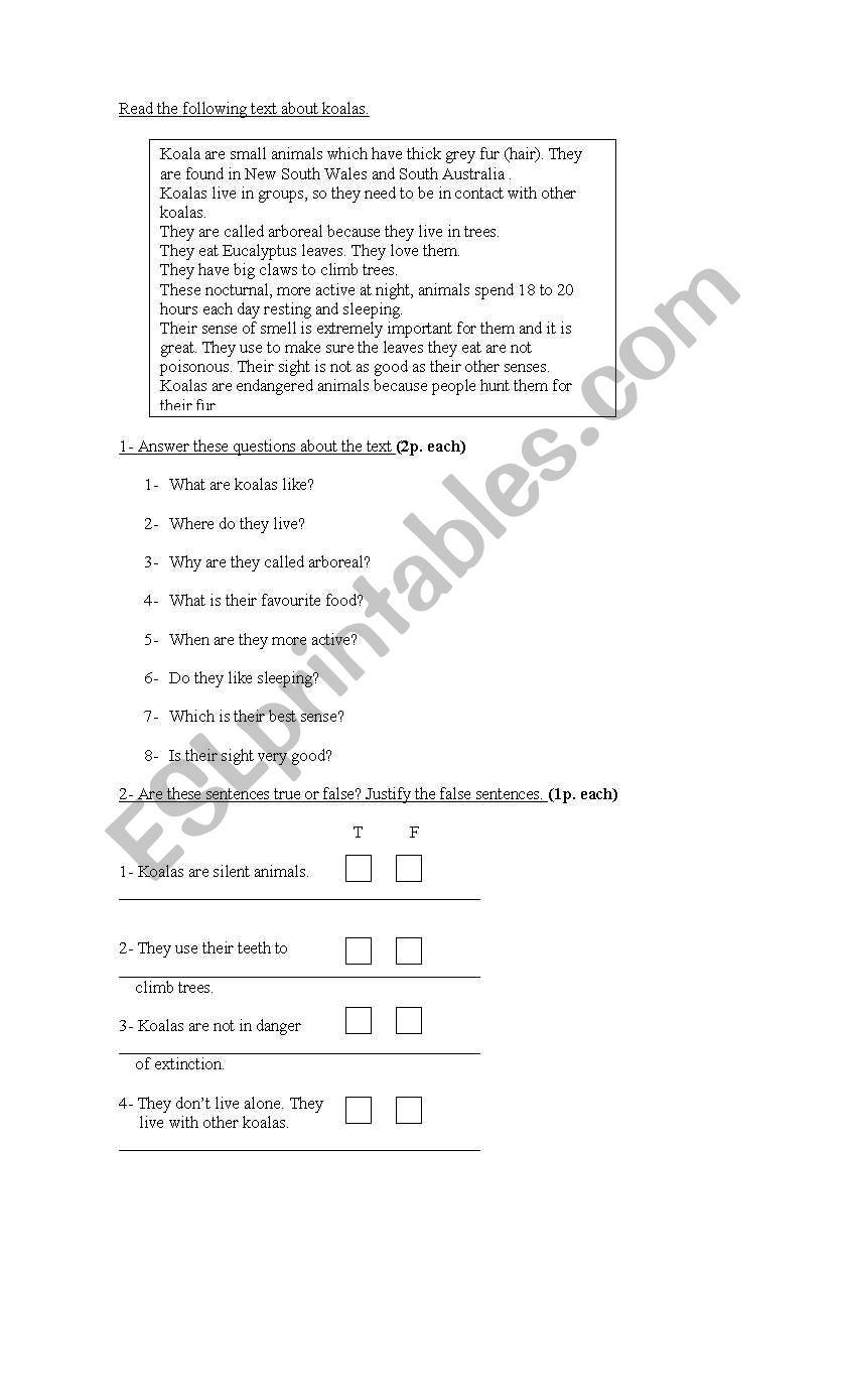 READING COMPREHENSION EXERCISE ABOUT KOALAS