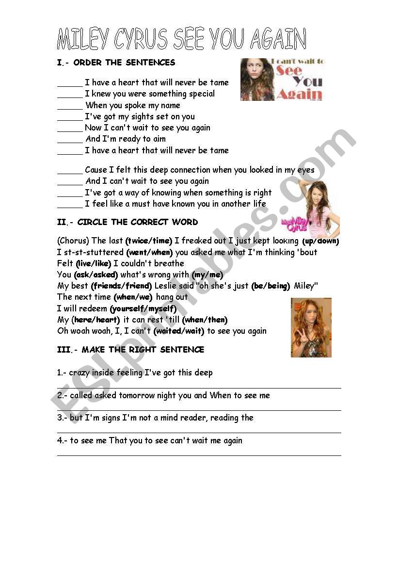 See you again by Miley Cirus  worksheet