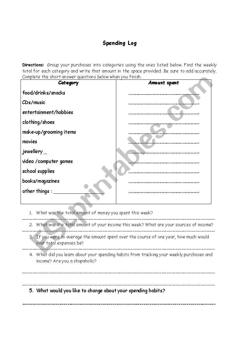 spending log worksheet