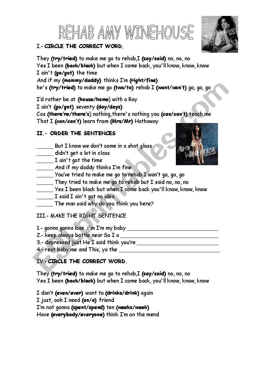 Rehab by Amy Winehouse worksheet