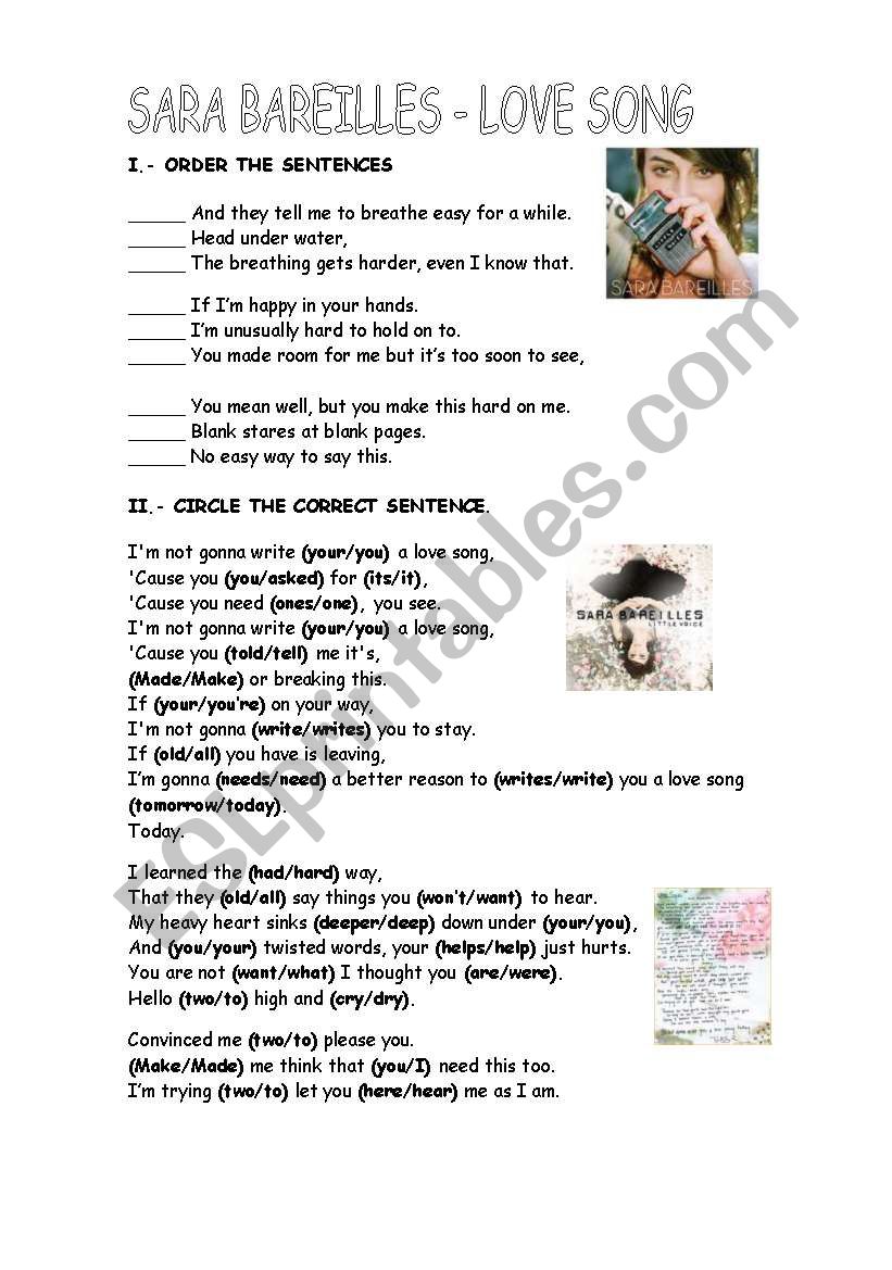 Love song by Sara Barellis worksheet