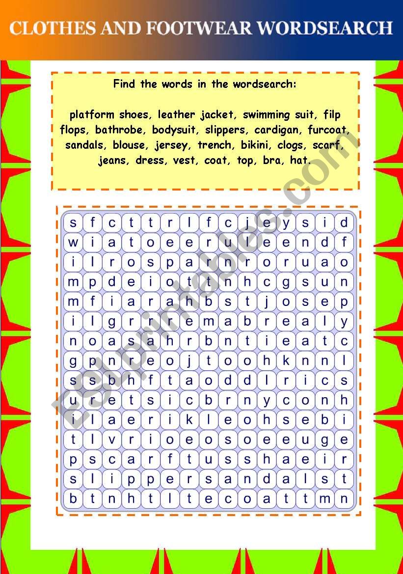 Clothes and footwear wordsearch