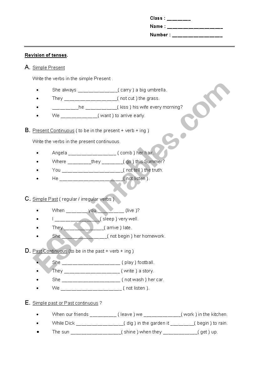 revising tenses worksheet