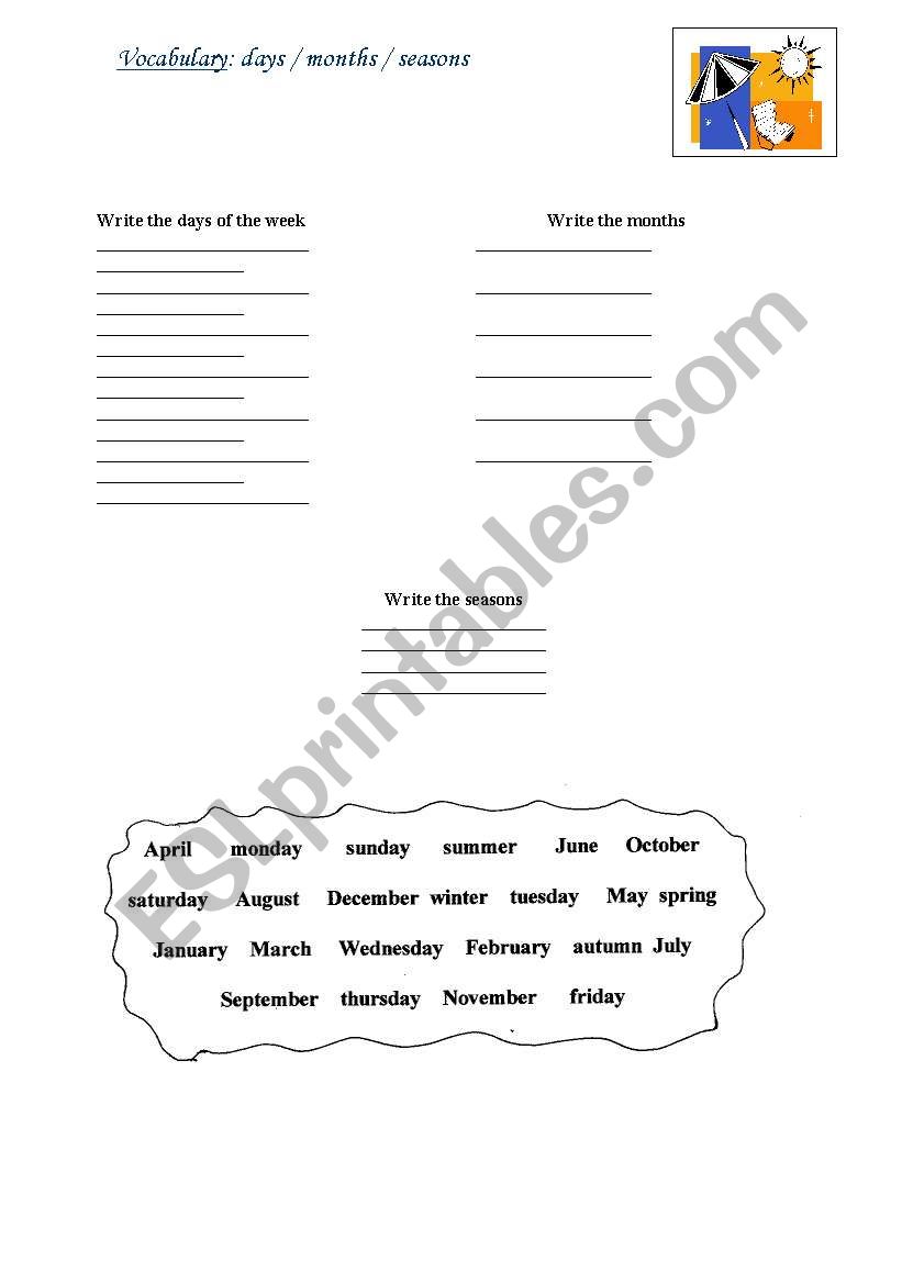 days of the week /seasons worksheet