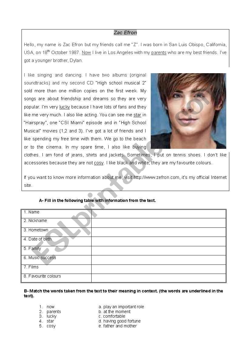 Meet Zac Efron from HIGH SCHOOL MUSICAL-reading tasks