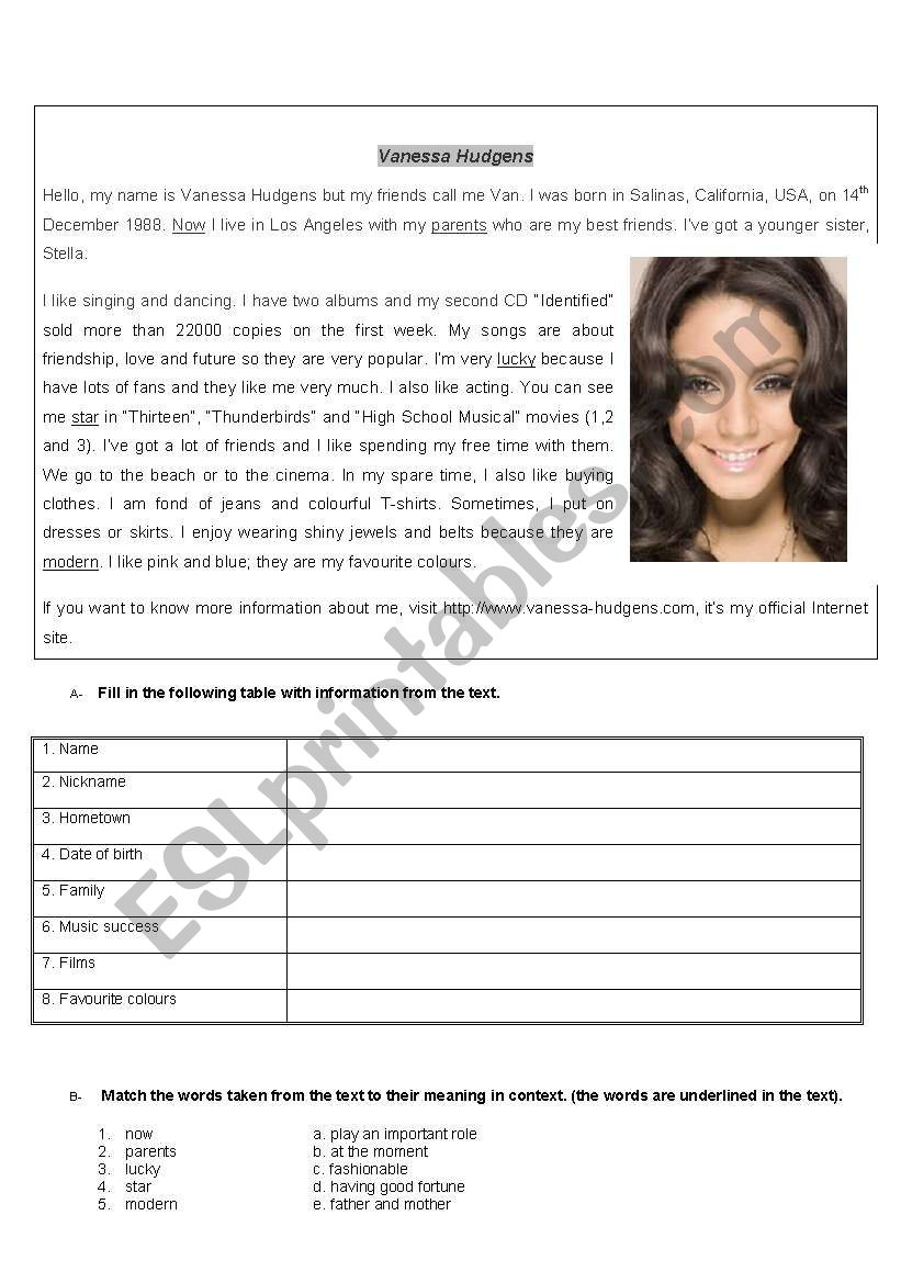 meet Vanessa Hudgens from HIGH SCHOOL MUSICAL - reading tasks