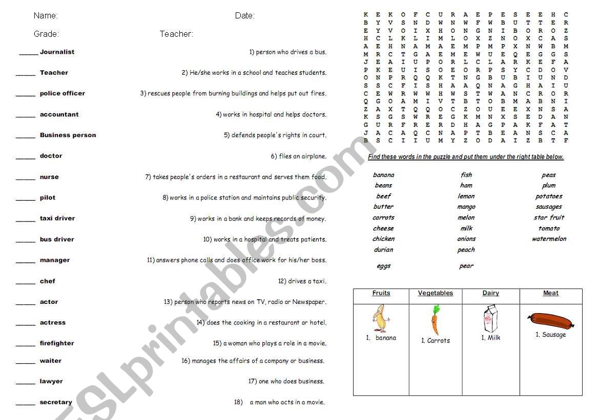 Jobs and Foods worksheet