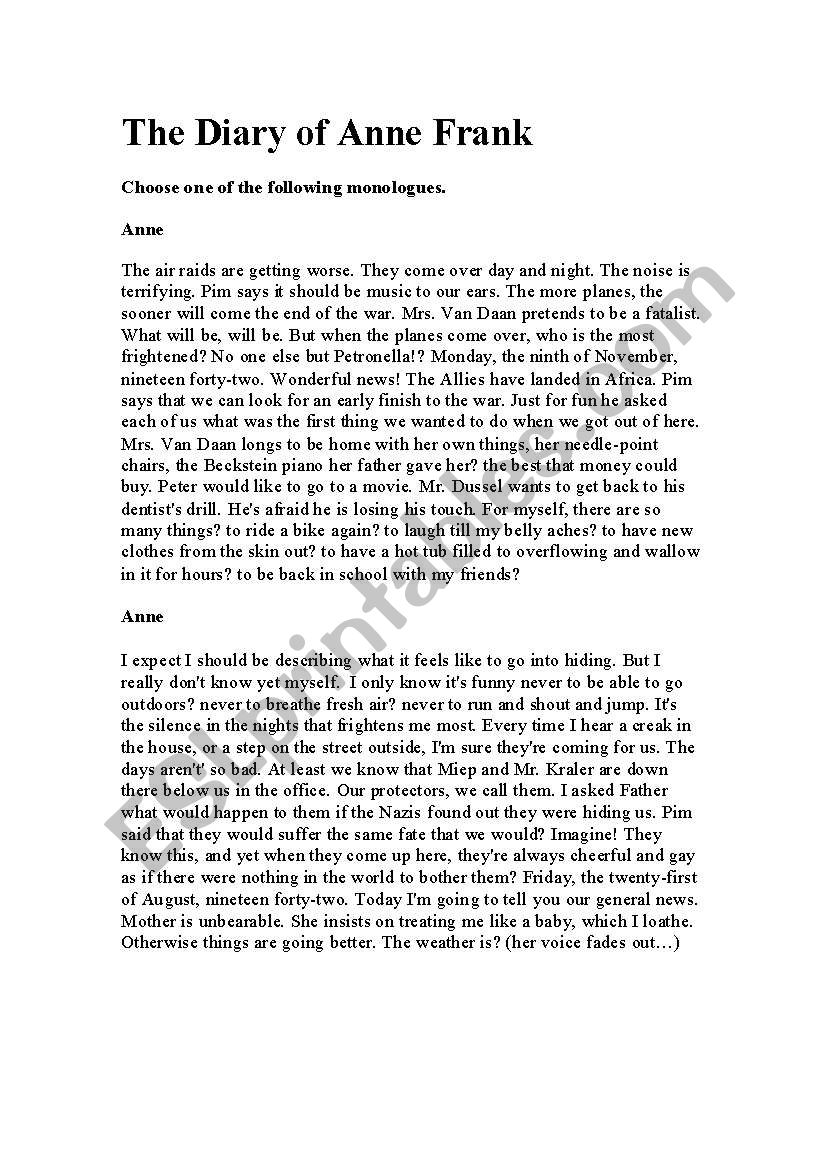 Diary of Anne Frank worksheet