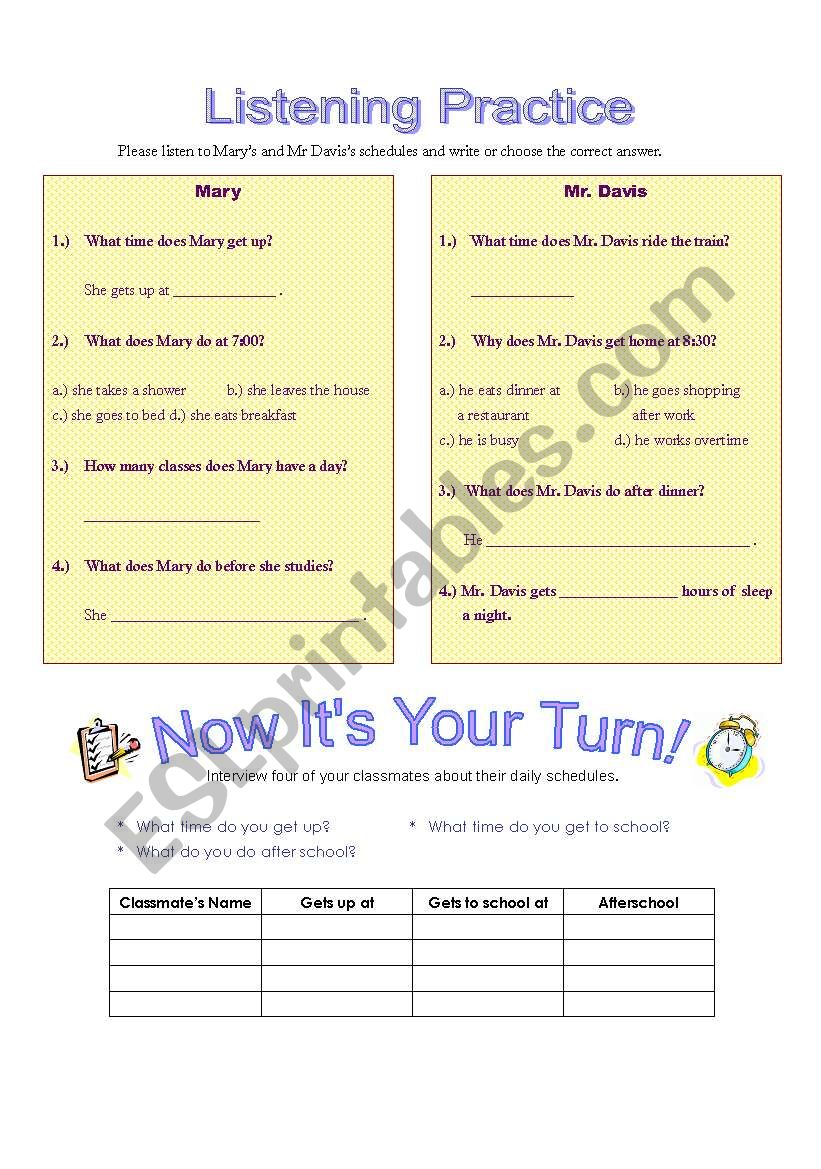 Daily Schedules worksheet