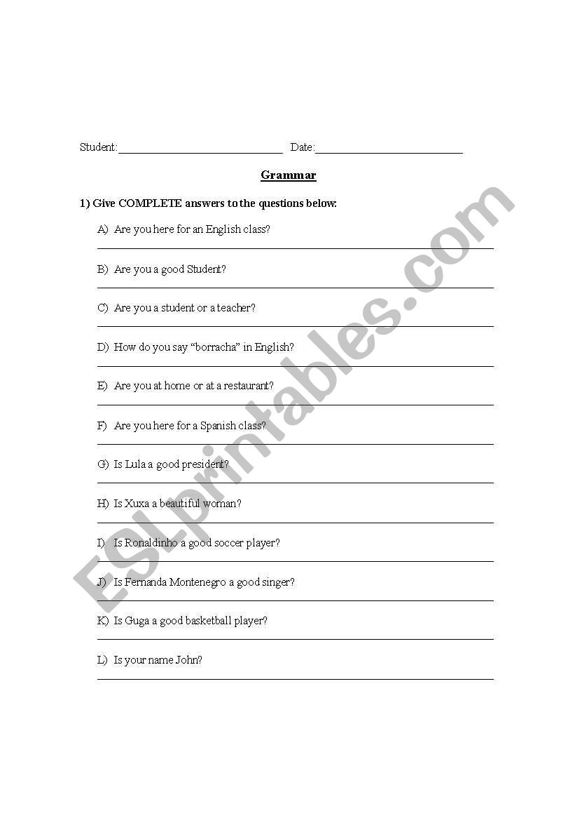 using the verb to be worksheet