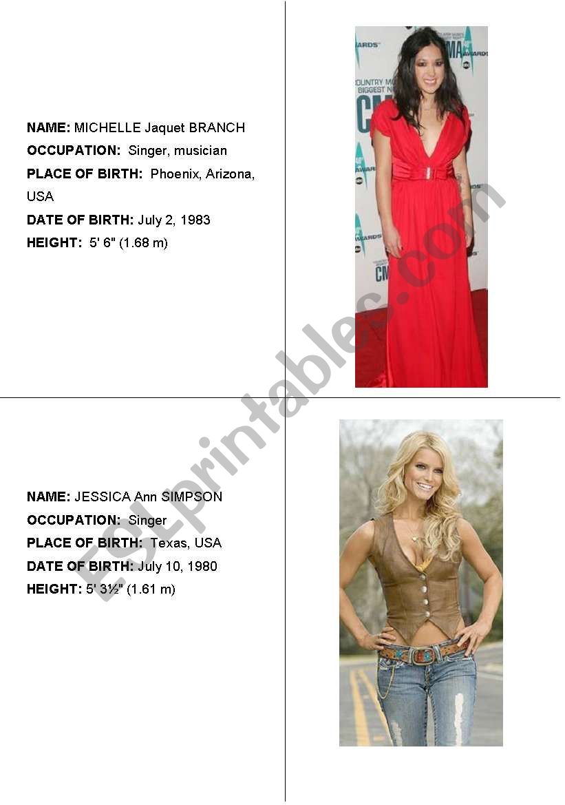 Famous people cards 3 worksheet