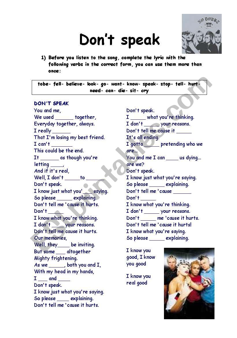 DONÂ´T SPEAK  BY NO DOUBT worksheet