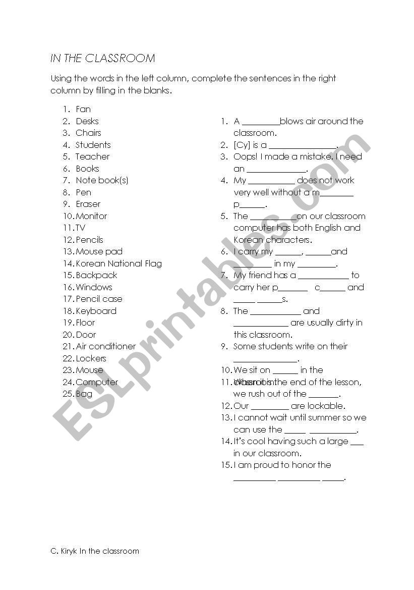 In the Classroom worksheet