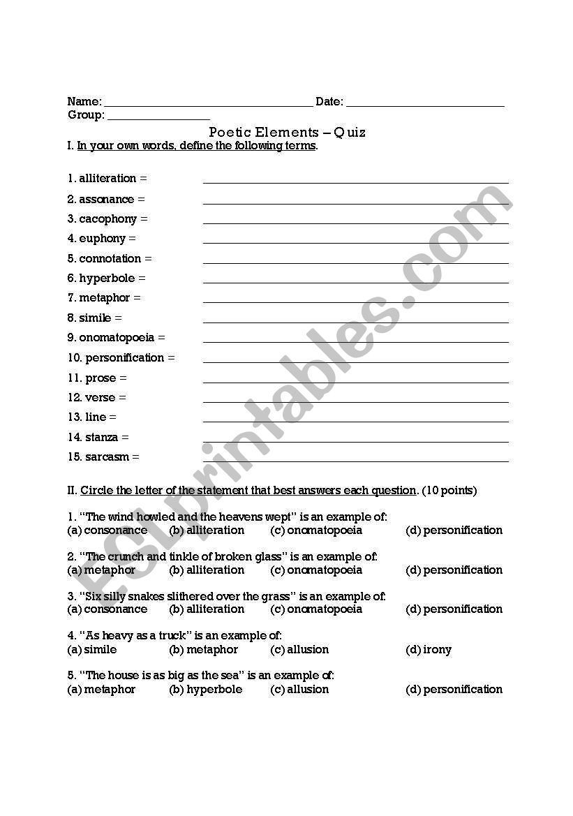 Poetic Elements Worksheet worksheet