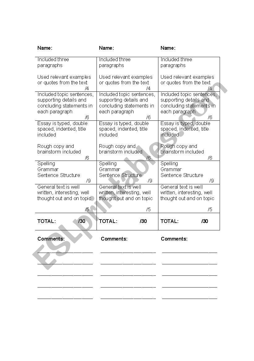 Evaluating Writing Grid worksheet