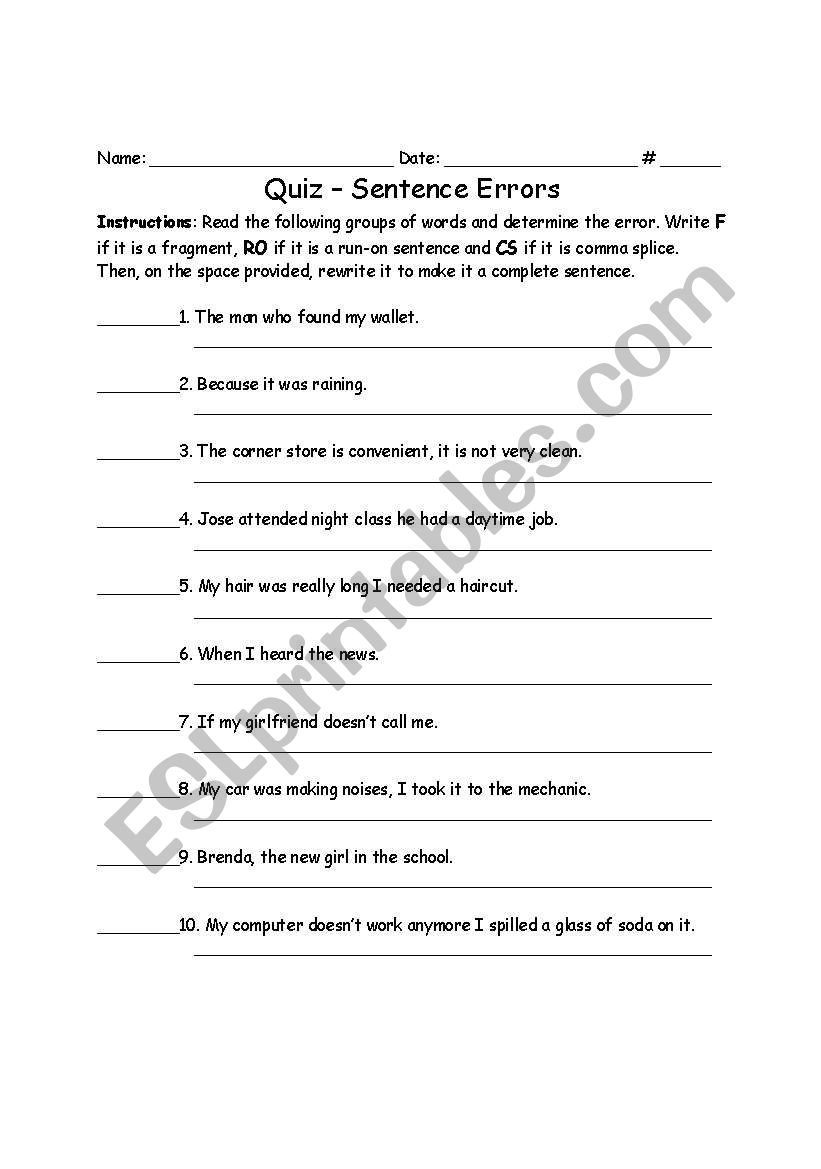 Common Writing Errors Quiz worksheet