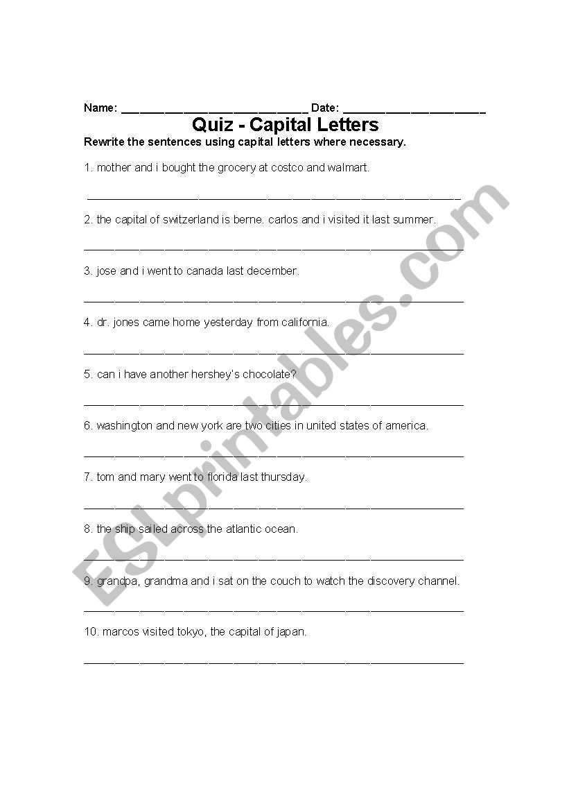 Capital Letters Worksheet worksheet