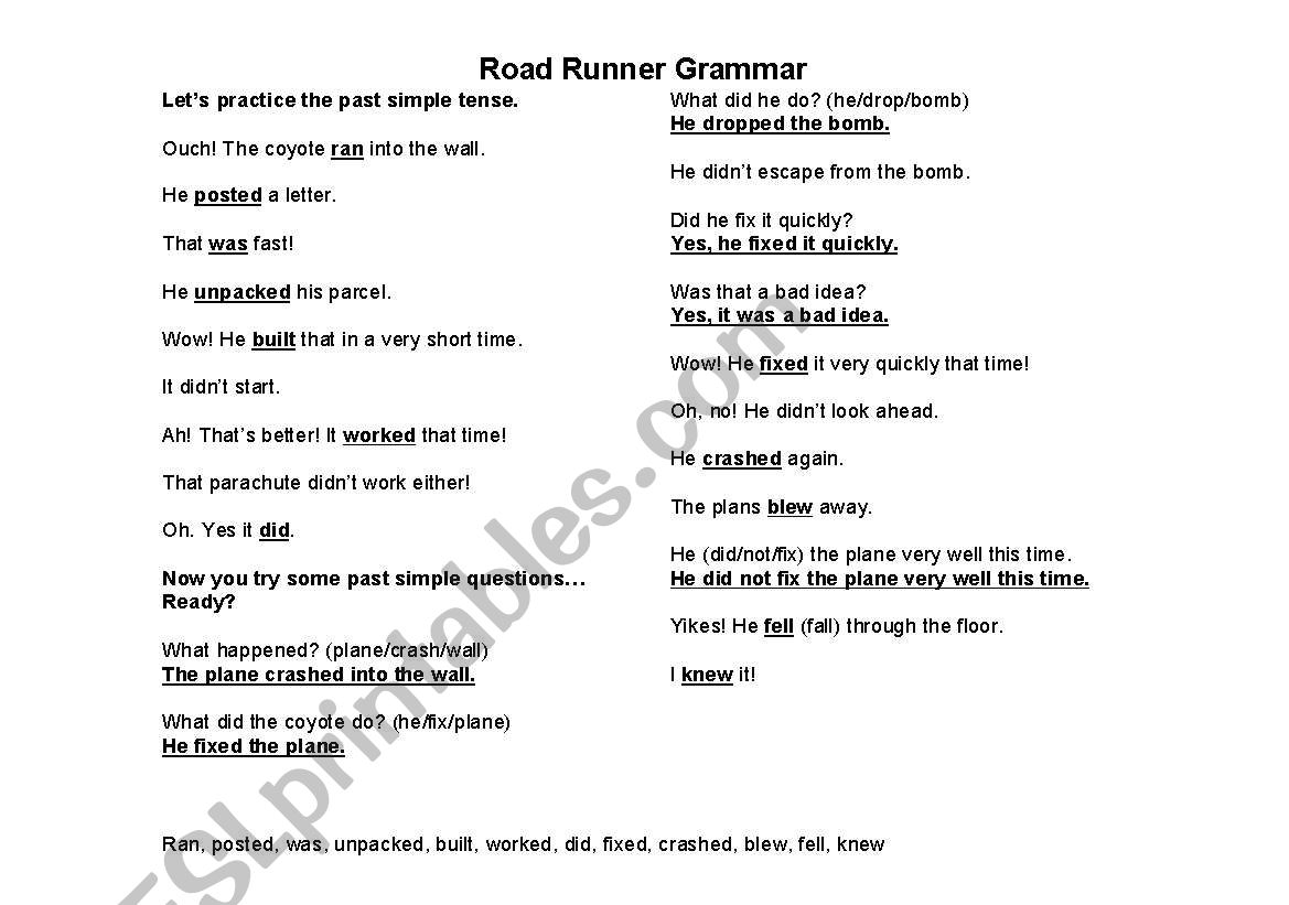 Road Runner Grammar Past Simple Tense