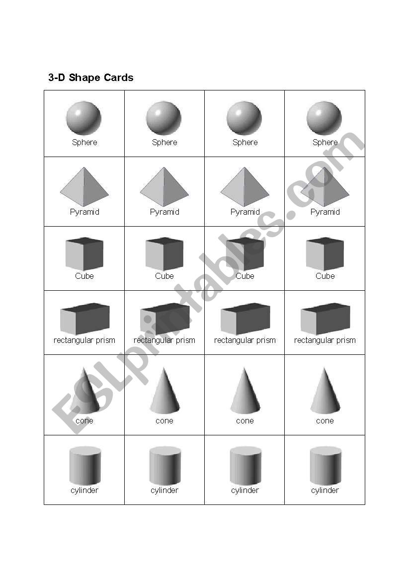 3-D Shapes Flash cards worksheet