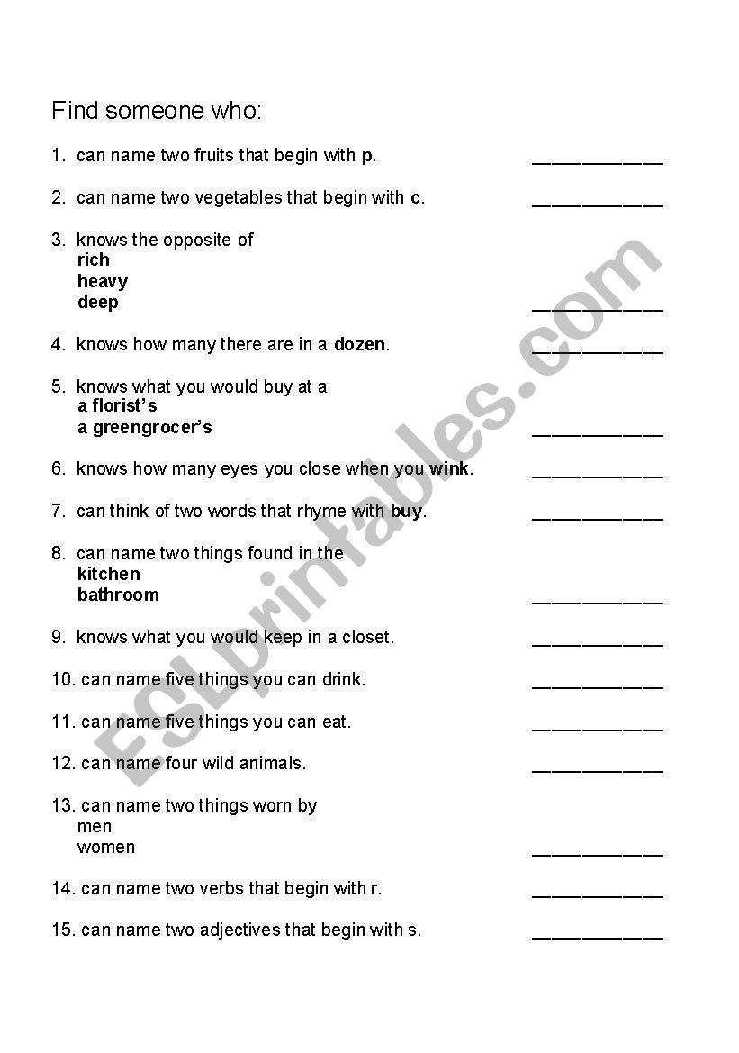 Find someone who worksheet