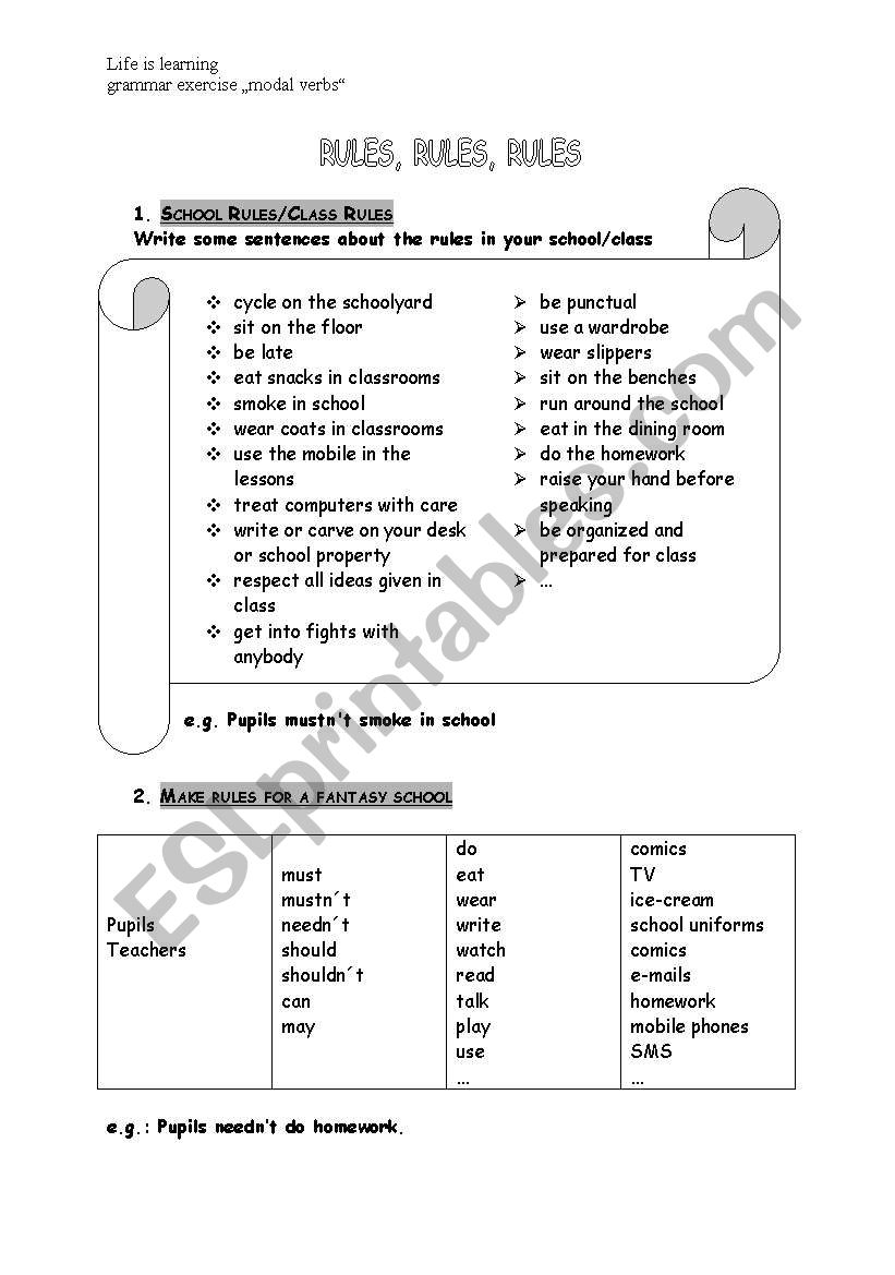 school rules fantasy school modal verbs exercise