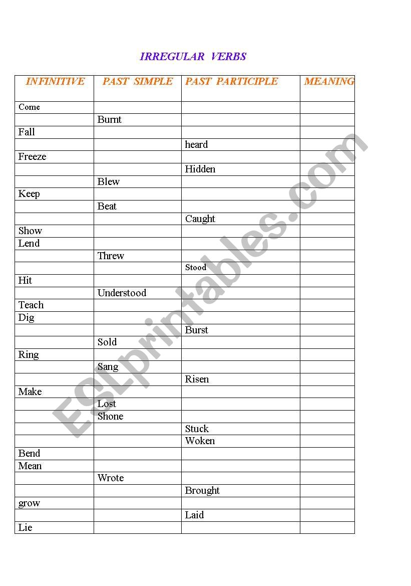 Irregular Verbs worksheet