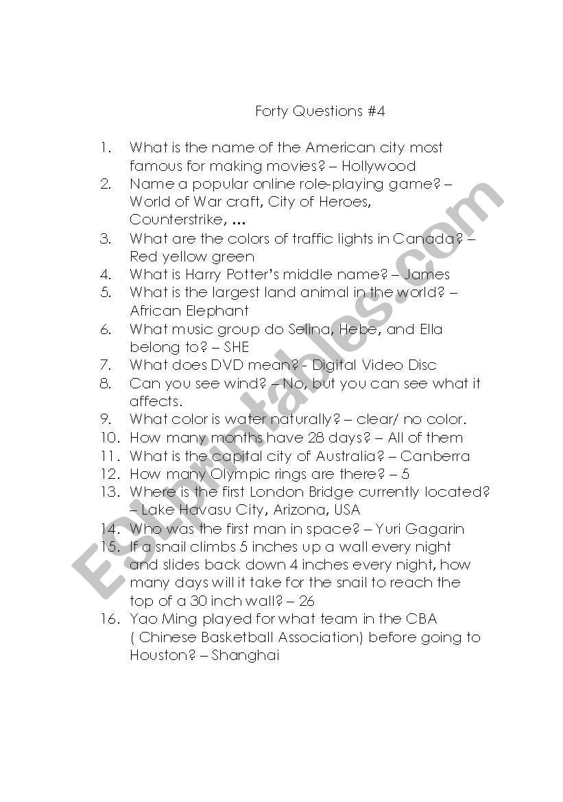 Forty Questions 4 worksheet