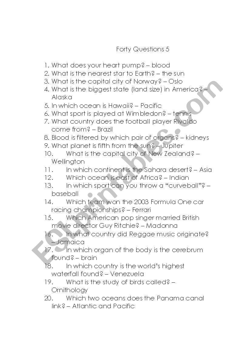 Forty Questions 5 worksheet