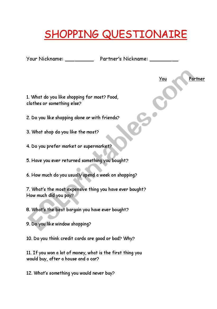 Shopping Questionaire worksheet