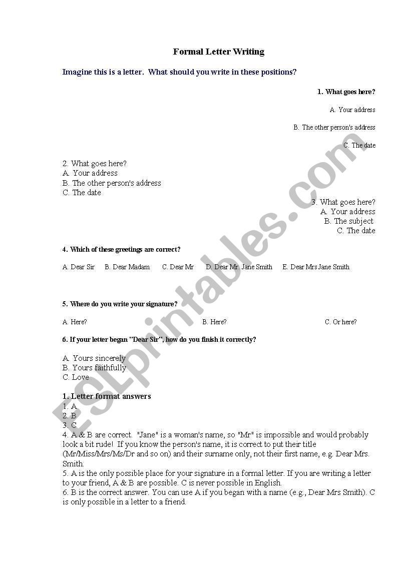 a formal letter   lay out worksheet