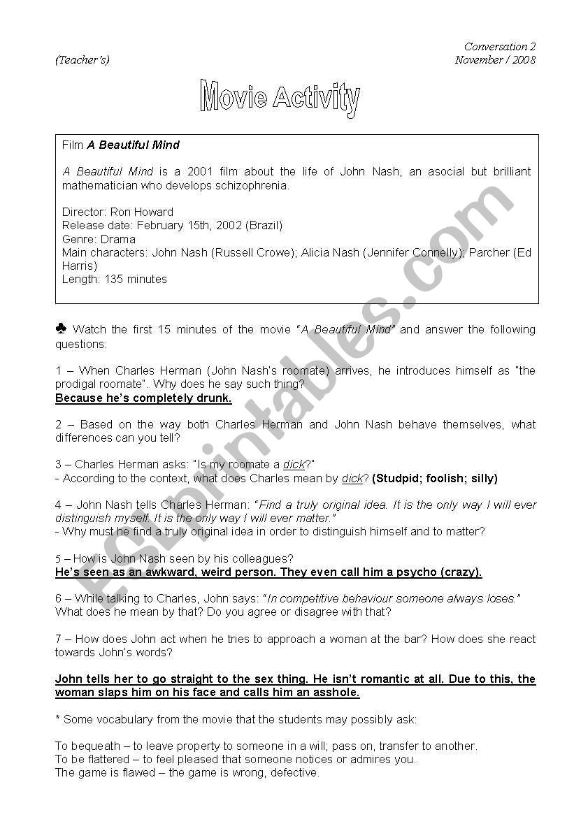 Movie-Conversation class based on the Film - A Beautiful Mind (TeacherÂ´s)