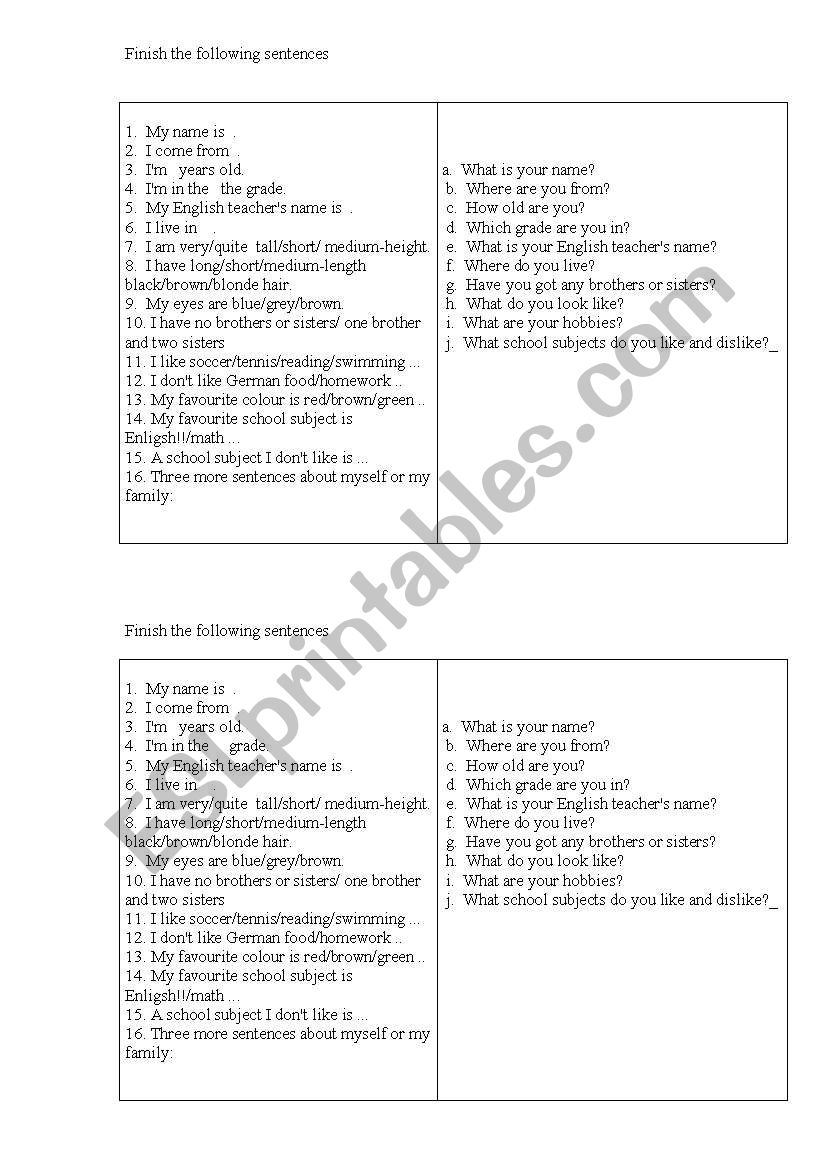 talking about oneself worksheet