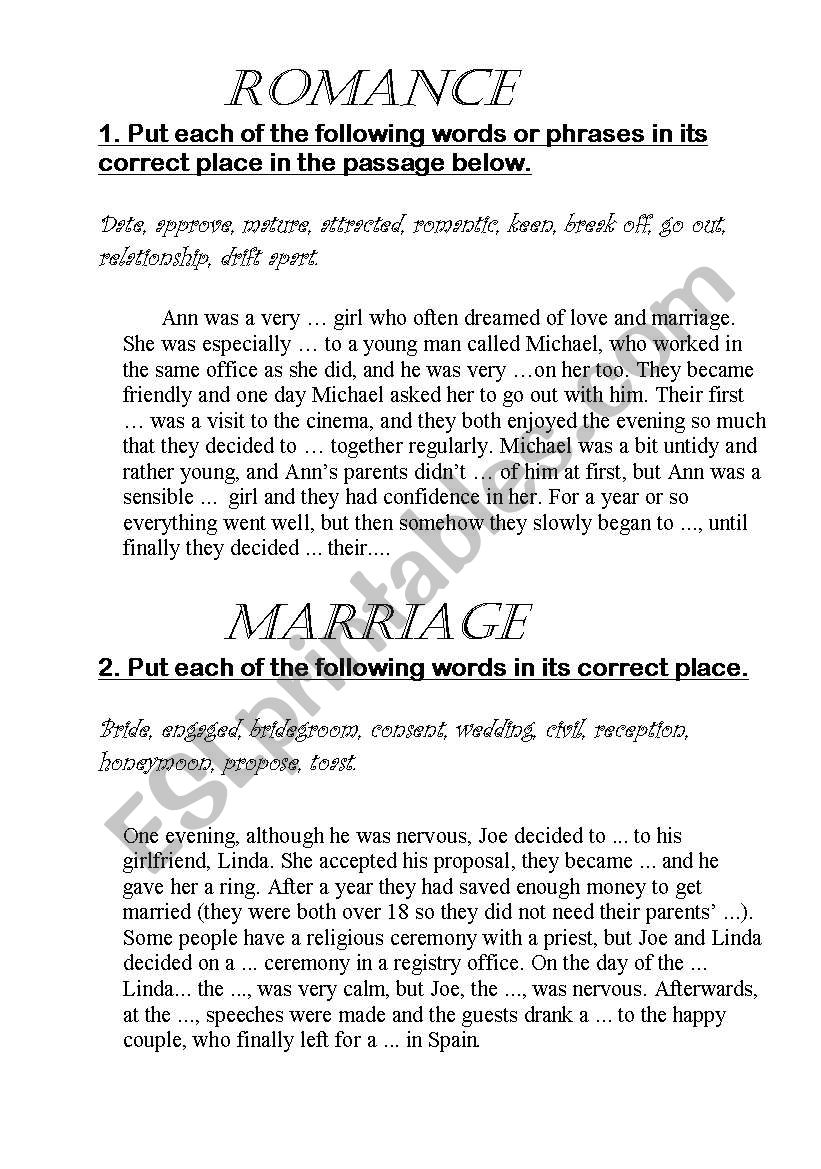 Marriage and romance exercices