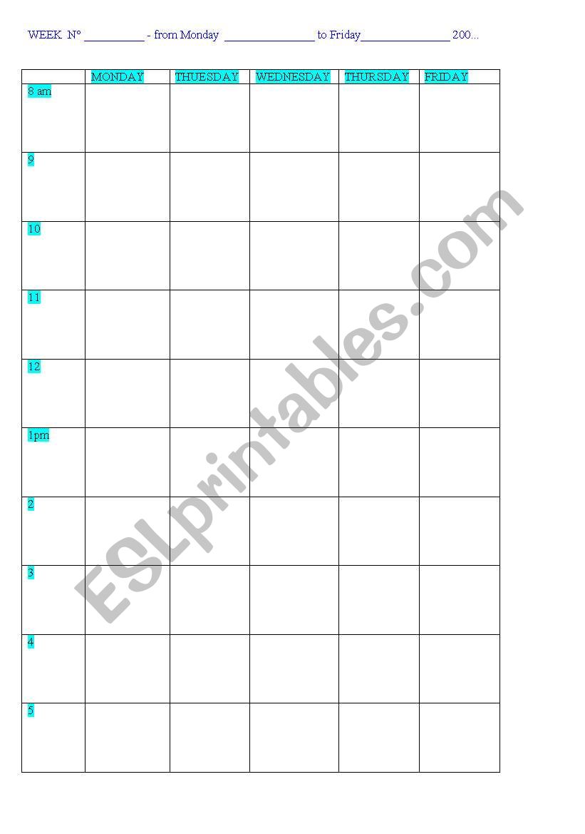 teachers timetable worksheet