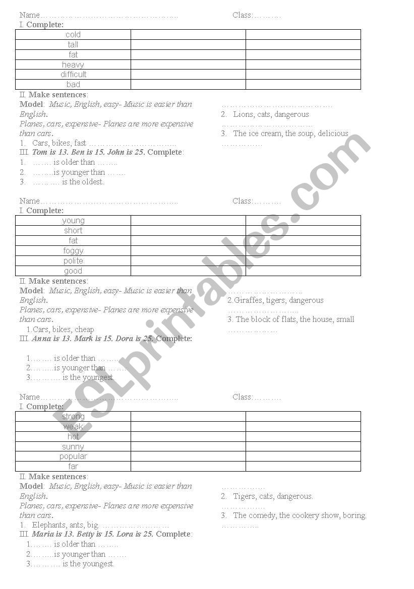  comparison of adjectives worksheet