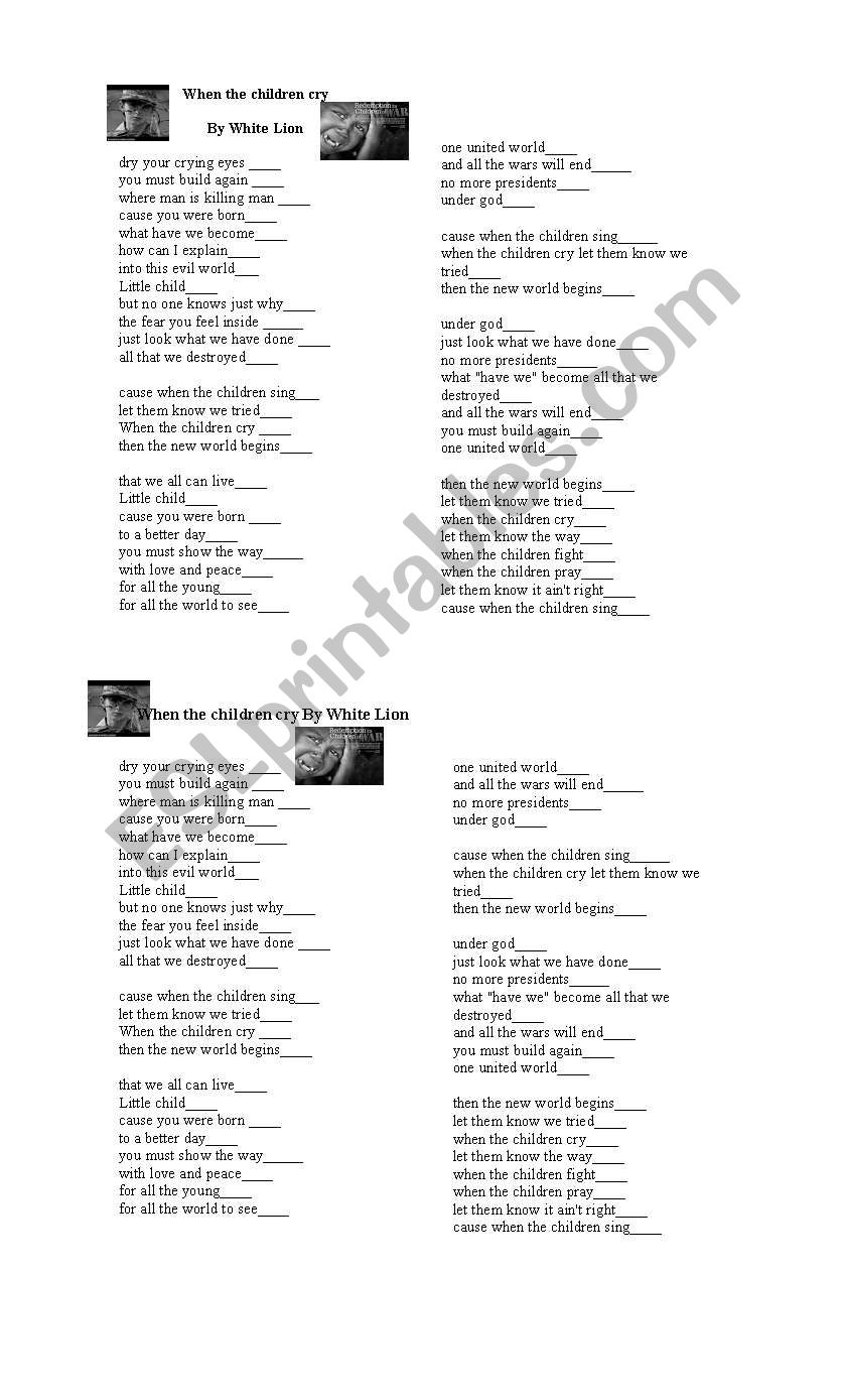 Song: When the children cry worksheet
