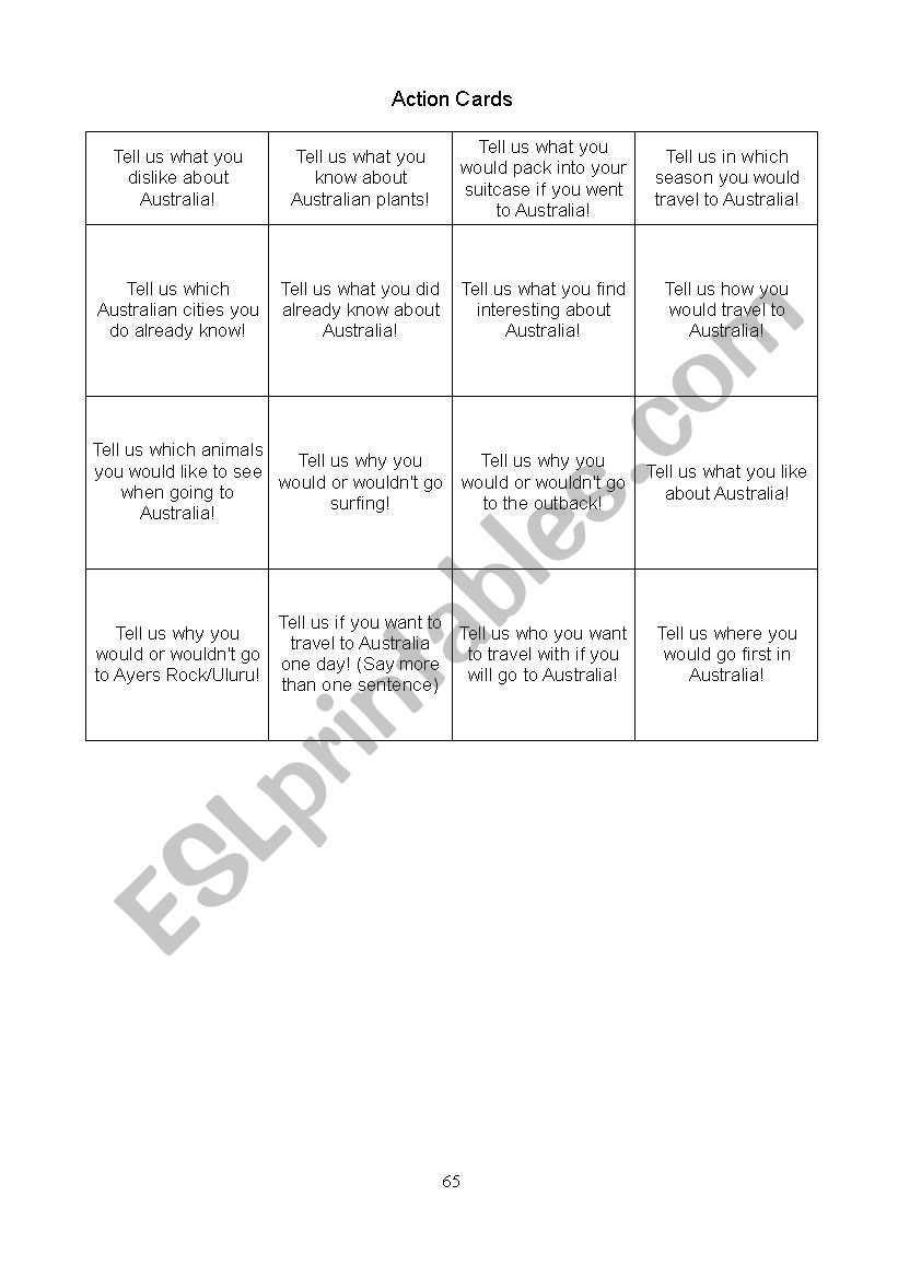 Action Cards Game Australia worksheet