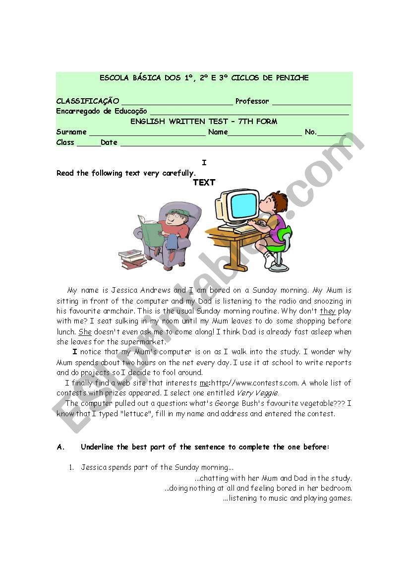 English written Test - Family worksheet